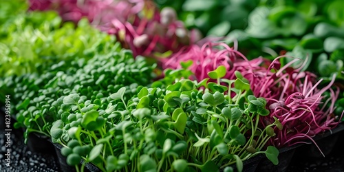 A detailed look at colorful and textured microgreens. Concept Microgreens, Colorful Varieties, Textural Diversity, Growing Tips, Culinary Uses photo