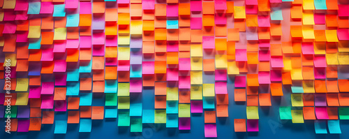 Wall full of pasted colored postit paper for routine and work reminders Productivity Board: Wall Covered in Colored Post-it Paper for Work Reminders , 