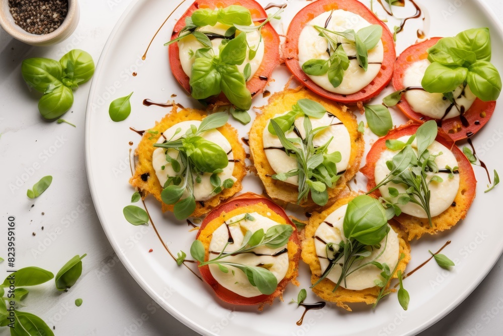 Mini pizza with tomatoes, basil, mozzarella on light background on the wood Mini pizza with tomatoes, basil, mozzarella on light background on the wood