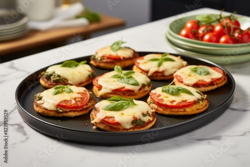 Mini pizza with tomatoes, basil, mozzarella on light background on the wood