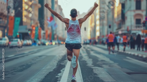 marathon runner crossing finish line with arms raised in triumph emotional victory moment sports concept photo