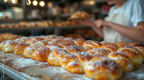 A person is baking many rolls of sweet bread in the bakery, with blurred background and depth of field. 