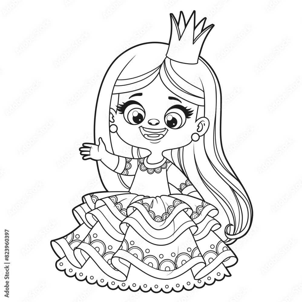 Cute cartoon longhaired coquettish princess girl outlined for coloring page on white background Cute cartoon longhaired coquettish princess girl outlined for coloring page on white background