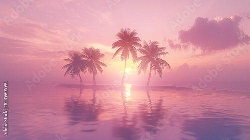 A beautiful sunset over the ocean with three palm trees in the foreground