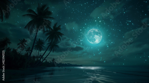 A beautiful night sky with a full moon and a palm tree in the background