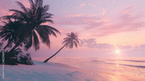 A beach scene with a palm tree and a sunset in the background