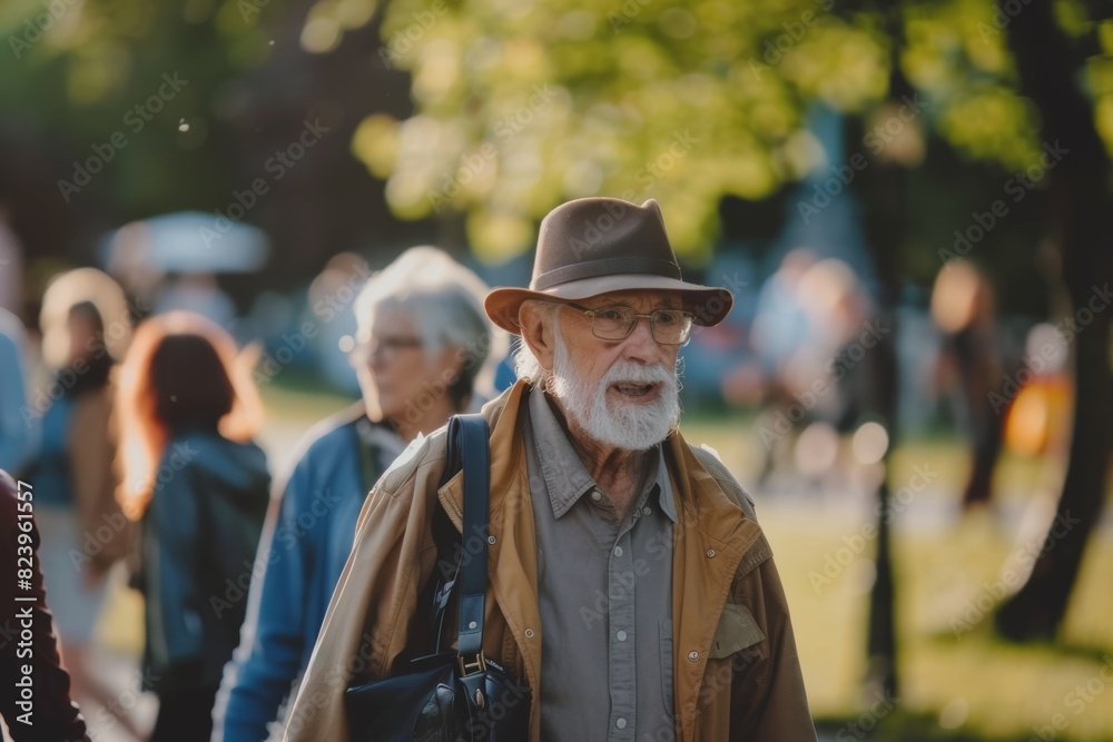 Elderly man with hat walking in the park in summer.