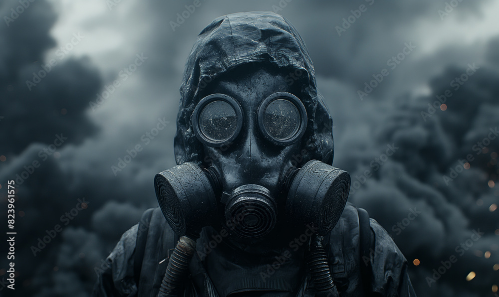 A man in a gas mask against a background of black smoke. A man in a gas mask against a background of black smoke.