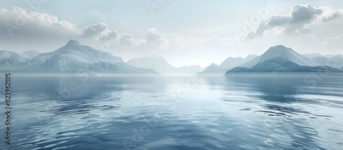 Calming D Rendered Seascape Featuring Distant Islands and a Soft Overcast Sky photo