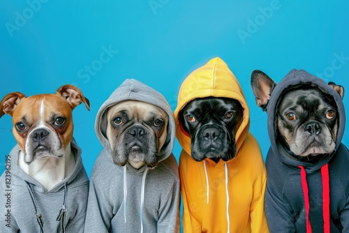 Several dogs in stylish hoodies and caps  striking cool poses on a solid blue background  creating a vibrant and edgy composition with ample space.