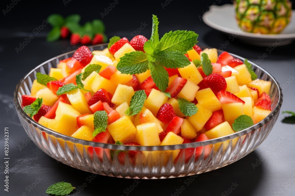 Fresh pineapple strawberry mint fruit salad on glass plate with summer vibe, healthy dessert option