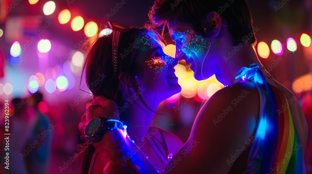 Couple Celebrating at Nighttime Pride Event Couple Celebrating at Nighttime Pride Event