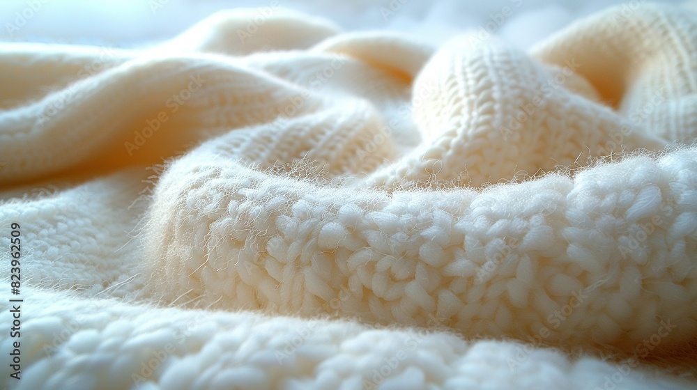 A close-up of a knitted blanket with white blanketing material in the foreground and white blanket in the background A close-up of a knitted blanket with white blanketing material in the foreground and white blanket in the background