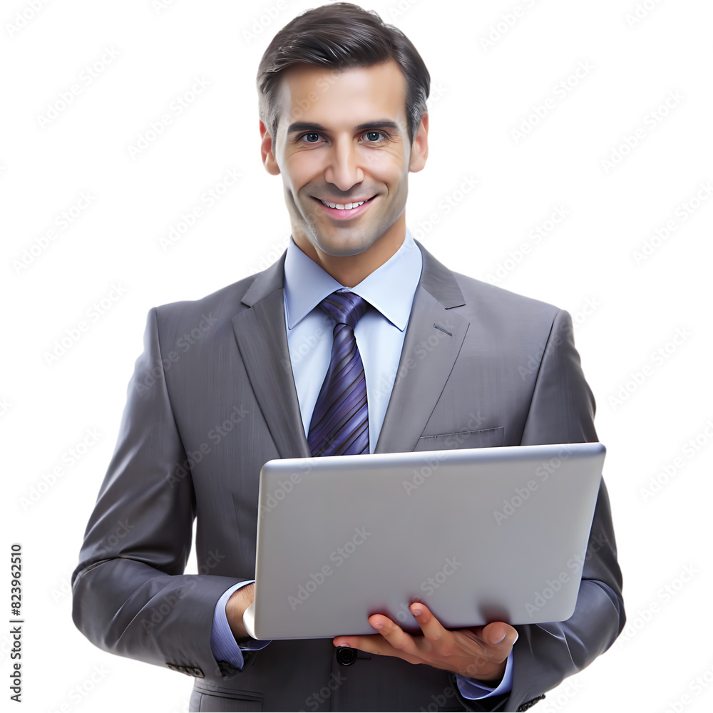 Businessman wearing a black suit and holding a laptop isolated on transparent background png file Businessman wearing a black suit and holding a laptop isolated on transparent background png file