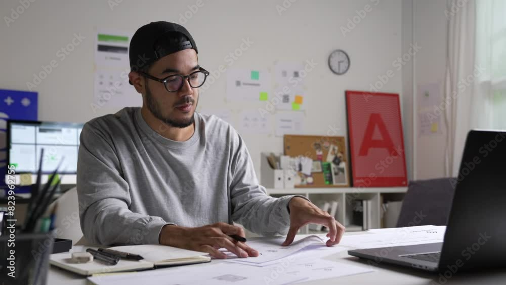 Young Asian Graphic designer working in office. Designing logo Artist Creative Designer Illustrator Graphic Skill Concept.