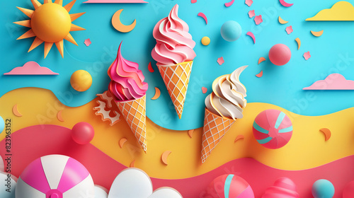 A colorful scene of three ice cream cones and a beach ball