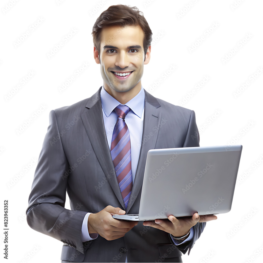 Businessman wearing a black suit and holding a laptop isolated on transparent background png file Businessman wearing a black suit and holding a laptop isolated on transparent background png file