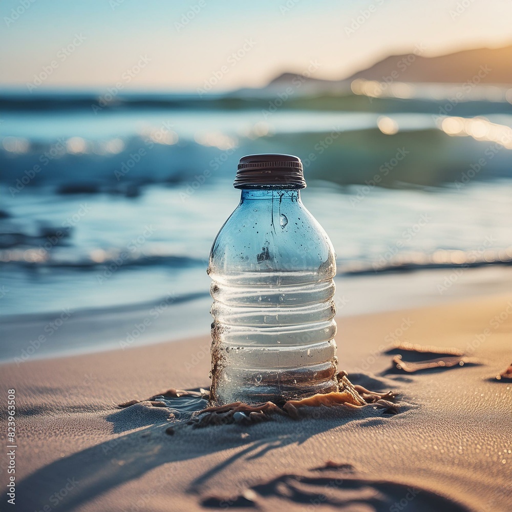 Plastic-waste water bottle washed up on the beach. Plastic-waste water bottle washed up on the beach.