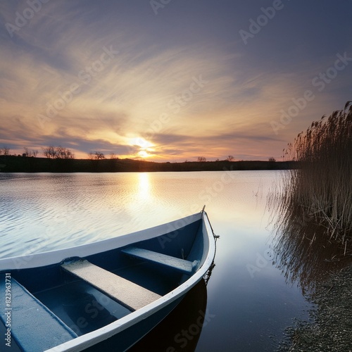 A boat rests along the shore in still water. 