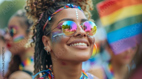 Smiling Woman with Rainbow Makeup at Pride Parade