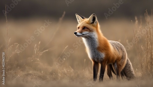 A small brown fox standing in tall grass with head raised and mouth open, looking off into the distance.
