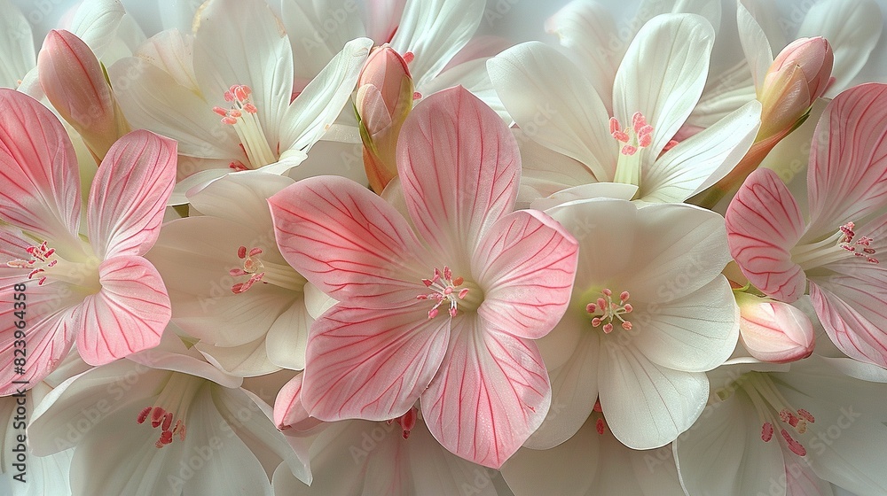   Pink and white flowers on white background with pink stamens centered in petals