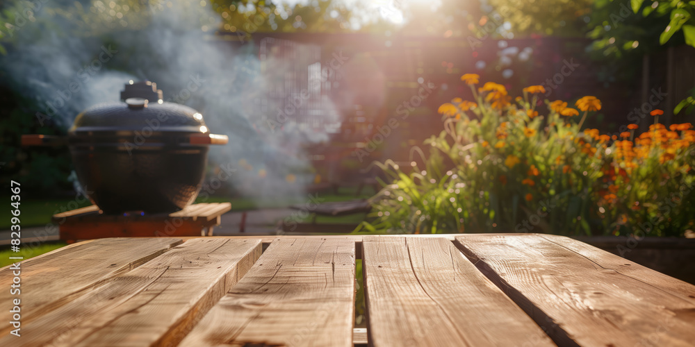 A cozy backyard scene featuring a barbecue grill emitting smoke with vibrant flowers and sunlight streaming in the background. A cozy backyard scene featuring a barbecue grill emitting smoke with vibrant flowers and sunlight streaming in the background.
