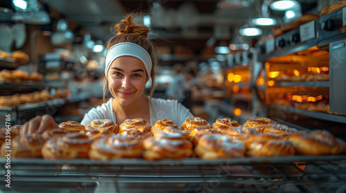Portrait of a smiling young woman in a white apron, taking fresh hot cinnamon buns from the oven at a bakery shop with many pastries on the counter