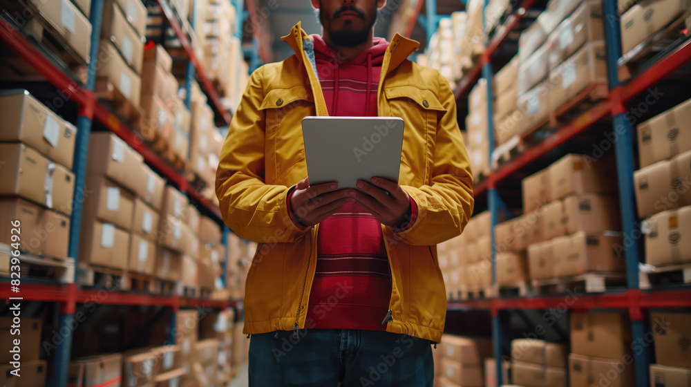 Fototapeta premium Warehouse worker using a digital tablet among shelves of boxes.