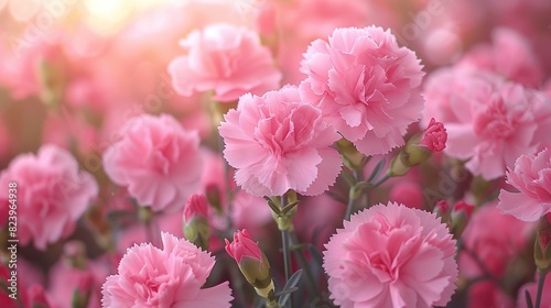  A field of pink carnations in full bloom, bathed in sunlight filtering through cloudy skies