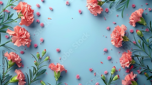   Pink flowers on a blue background with green foliage surrounding them in the center © Nadia