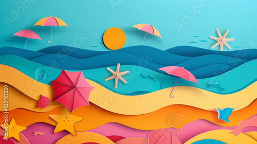 A colorful beach scene with umbrellas and a sun in the sky