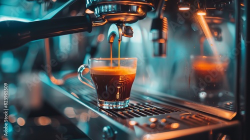 Espresso pouring from coffee machine. Professional coffee brewing photo