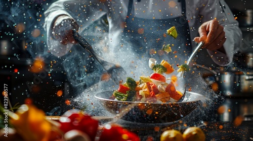 A chef energetically tosses and cooks vegetables in a sizzling wok photo