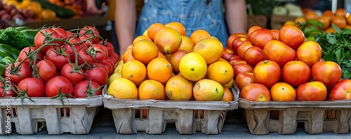 Front view of tomato and orange stalls at market