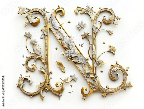 N lettering old gold relief on white background photo