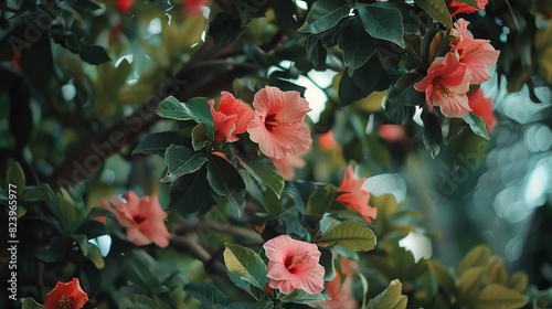 Vibrant hibiscus flowers blooming on a tree branch.