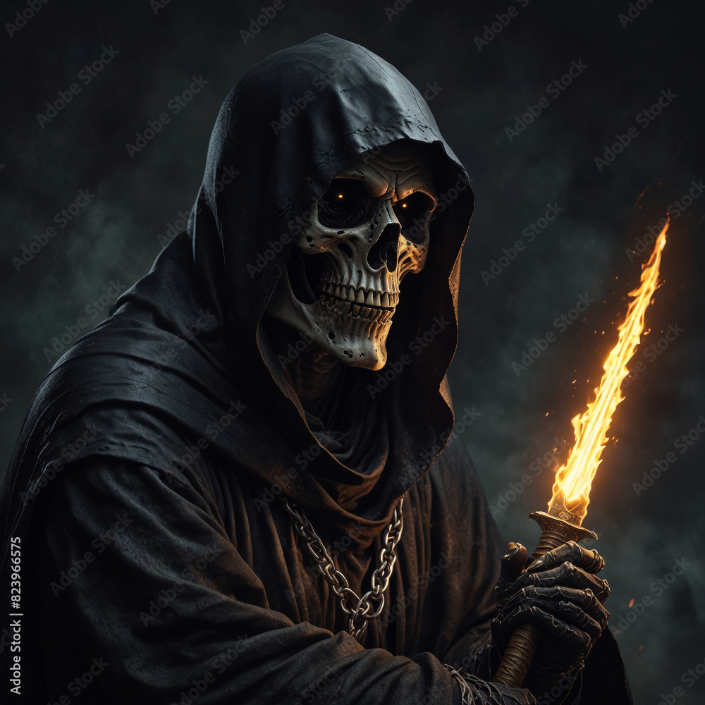 The skeleton death or the grim reaper in a creepy close up profil ...