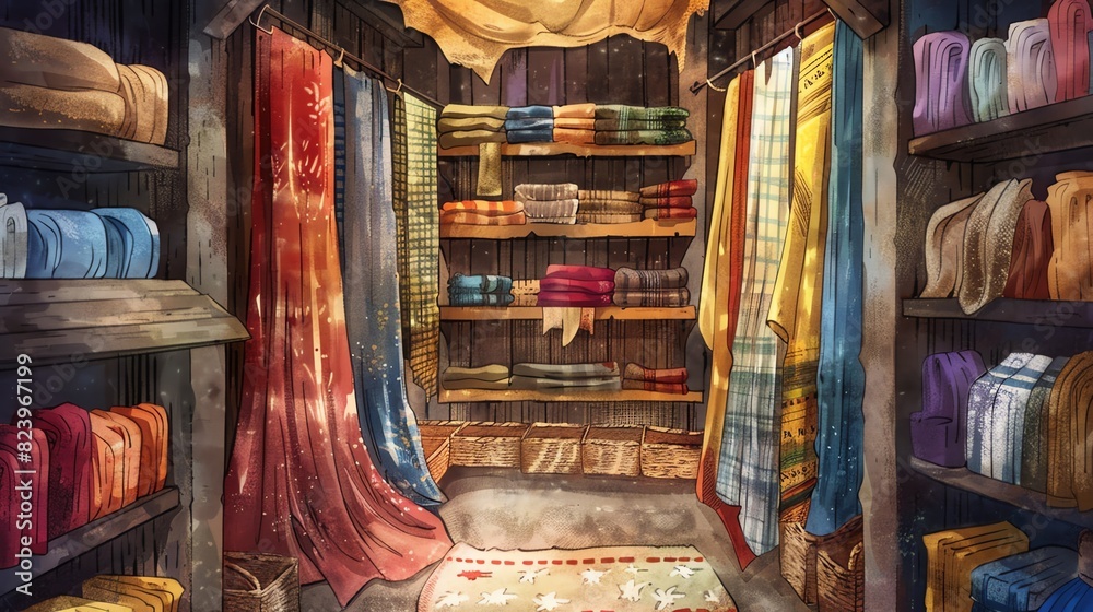 Rear view illustration of a cozy fabric store Rear view illustration of a cozy fabric store