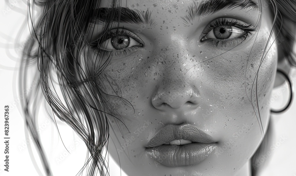 Obraz premium Black and white photo of beautiful girl with fancy makeup