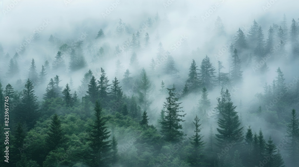 Hazy Forest: Coniferous Trees Covered in Cloud in Countryside Setting