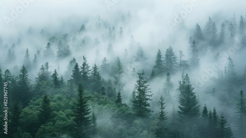 Hazy Forest  Coniferous Trees Covered in Cloud in Countryside Setting