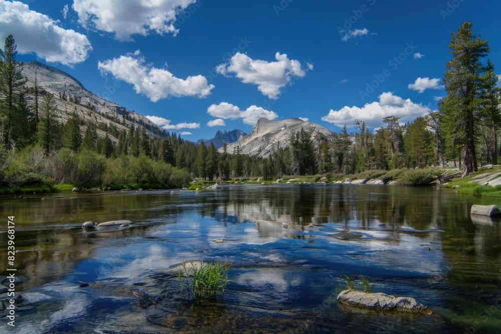 National Park River. Scenic Hiking Trails Amidst the Picturesque Yosemite Landscape