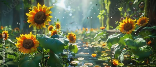 Sunlit forest with beautiful sunflowers and lily pads in a serene pond. Nature scene with vibrant greenery and a calm waterway. photo