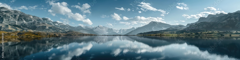 mountain range with a lake reflecting the blue sky with dramatic clouds