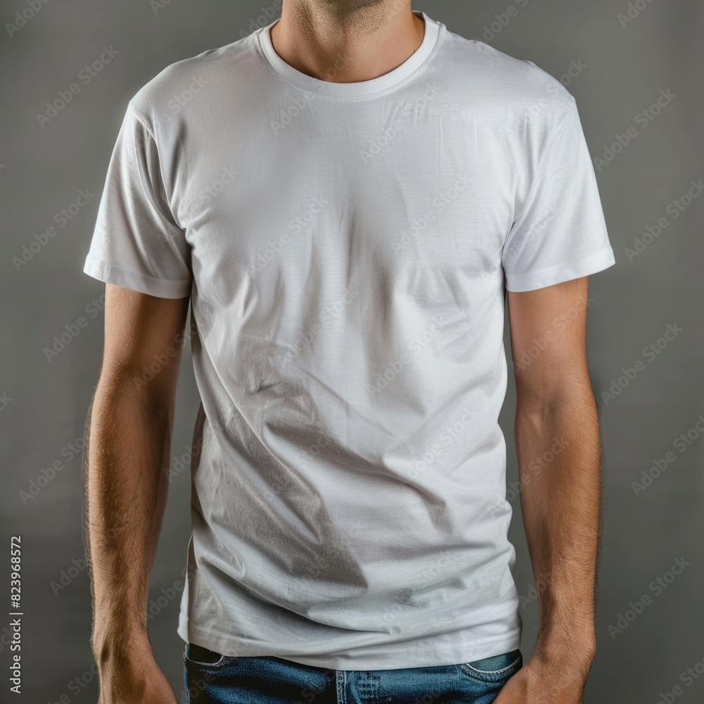 T-Shirt Male. Man Wearing Simple White T-Shirt Mockup for Apparel Branding T-Shirt Male. Man Wearing Simple White T-Shirt Mockup for Apparel Branding