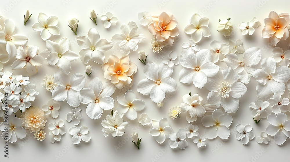 A photo features an array of white and orange blossoms against a white backdrop, with a white wall visible in the center of the frame A photo features an array of white and orange blossoms against a white backdrop, with a white wall visible in the center of the frame