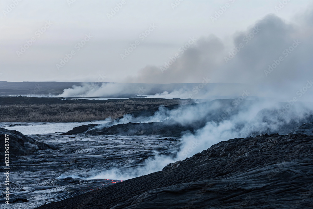Fototapeta premium The red-hot lava flows into the reservoir, raising puffs of steam. The aftermath of a volcanic eruption