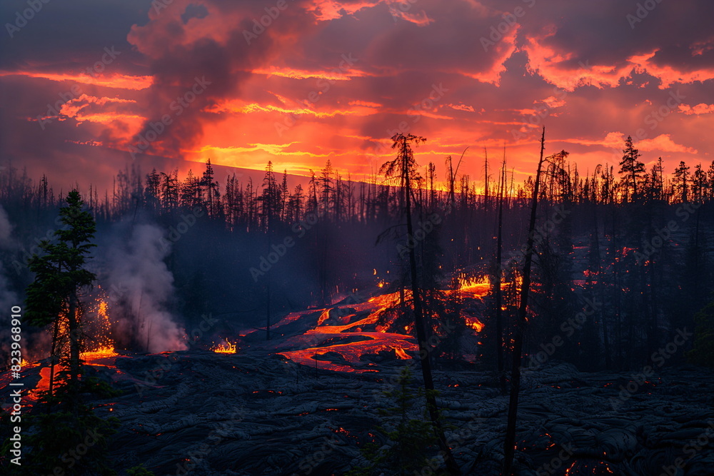 Streams of red-hot magma flow through the nighttime forest. A disaster in the surrounding environment
