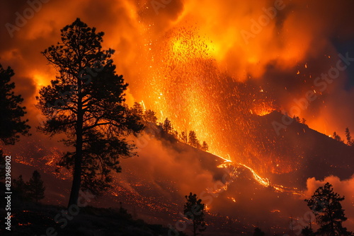A massive wildfire raging through a forest at night, with towering flames and smoke illuminating the sky
